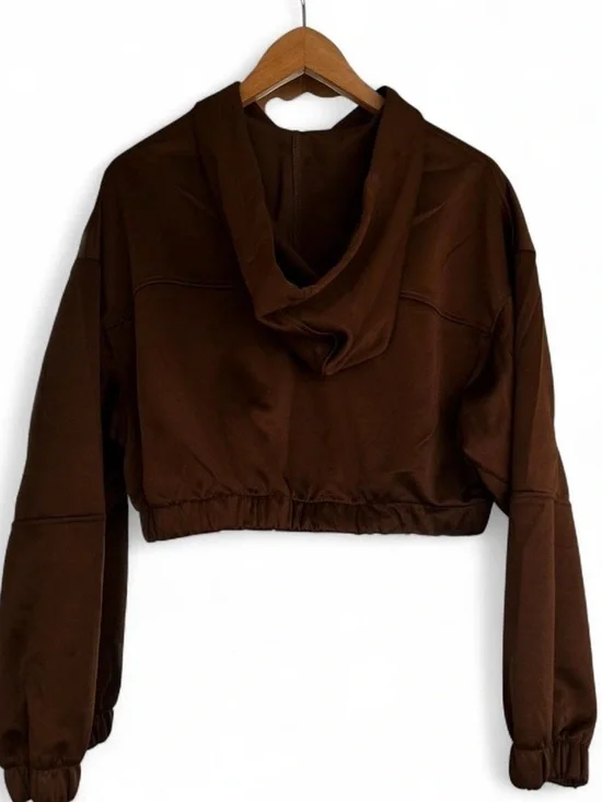Urban Outfitters Brown Cropped Hooded Jacket with Light Blue Drawstrings - Picture 5 of 6
